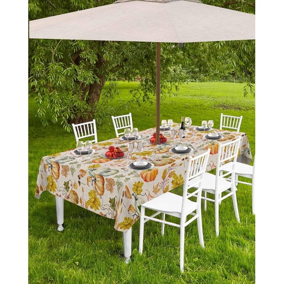 Fall Thanksgiving Day Outdoor Tablecloth with Umbrella Hole, Orange Pumpkin Watercolor Zippered Table Cloth for Round Tables Beige Burlap Waterproof Tabletop Collection for Patio Picnic, 60 x 120 Inch