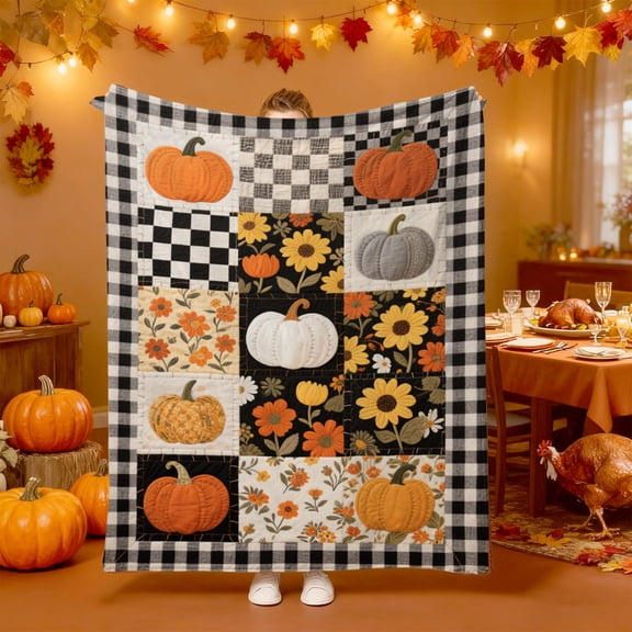 Fall Thanksgiving Decoraitve Throw Blanket - Patchwork Plaid Striped Autumn Pumpkins Leaf Blanket, Great for Pet, Kids, Girls, Boys, Teens, Room Decor