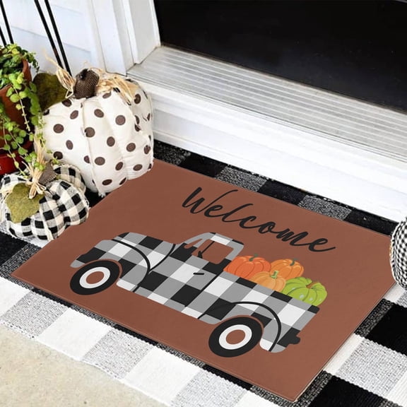 Fall Thanksgiving Decorative Front Door Mat 30x17 Inch,Welcome Truck Pumpkin Anti-Slip Door Mat, Front Door Welcome Mat,Indoor/Outdoor Decorative Doorway Rugs for Autumn Thanksgiving Decor