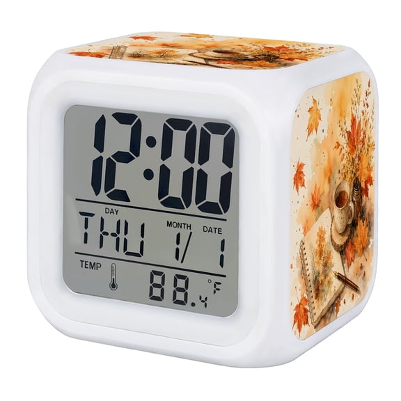 Fall Thanksgiving Digital Alarm Clock for Bedrooms,Smart LED Alarm Clock with 7 Color Changing Night Light,Orange Maple Leaves Book Coffee Cup Silent Wake Up Clocks for Sleep Study Cooking 3.2"x3.2"