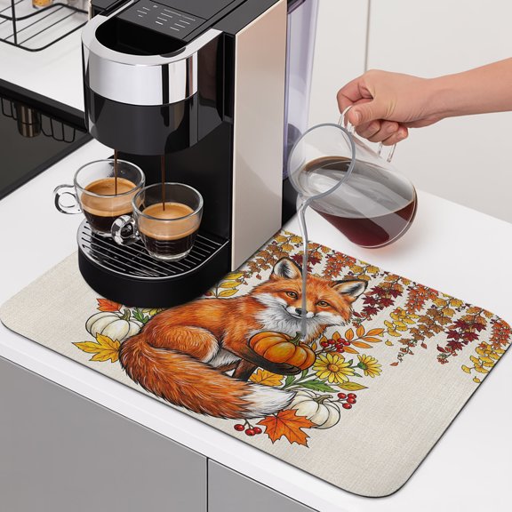 Fall Thanksgiving Dish Drying Mats for Kitchen Counter, Rustic Fox Orange Pumpkin Maple Leaves Absorbent Coffee Bar Mat with Non-slip Rubber Backed Quick Drying Dish Rack Pad 16"x18"