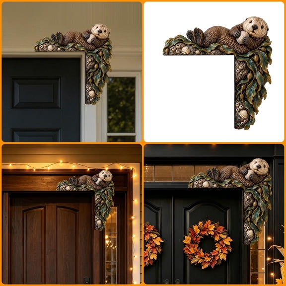 Fall Thanksgiving Door Frame Corner Decor, Resin Wood Look Animal Sculpture with Pumpkin, Maple Leaf or Snow Branch Details, Door Topper for Entryway or Window Holiday Decor