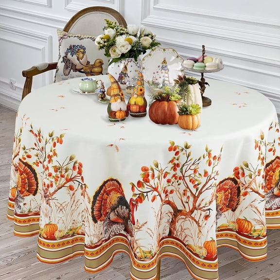 Fall Thanksgiving Double Border Decoration Tablecloth, Autumn Pumpkin Harvest Tablecloths, Waterproof Table Cover for Dinner Kitchen Party Holiday Decorations Round 60"