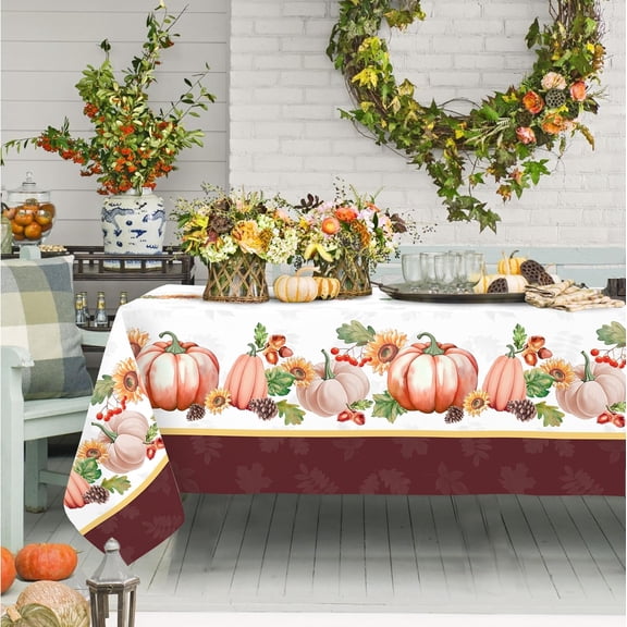 Fall Thanksgiving Double Border Decoration Tablecloth, Pumpkin & Sunflower Harvest Tablecloths, Waterproof Table Cover for Dinner Kitchen Party Holiday Decorations 60"x 84" Oblong/Rectangle