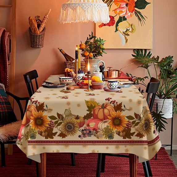 Fall Thanksgiving Double Border Decoration Tablecloth,Sunflower & Pumpkin Harvest Tablecloths, Waterproof Table Cover for Dinner Kitchen Party Holiday Decorations, 60"x 84" Oblong/Rectangle