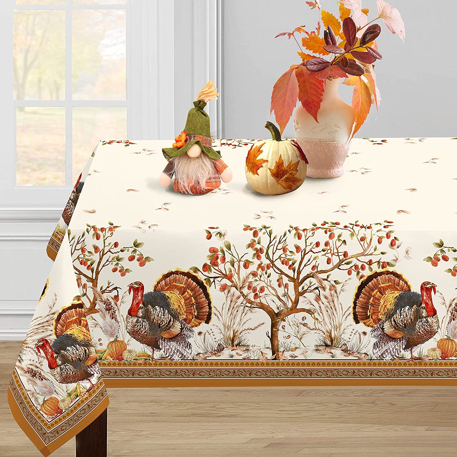 Fall Thanksgiving Double Border Decoration Tablecloth,Turkey & Pumpkin