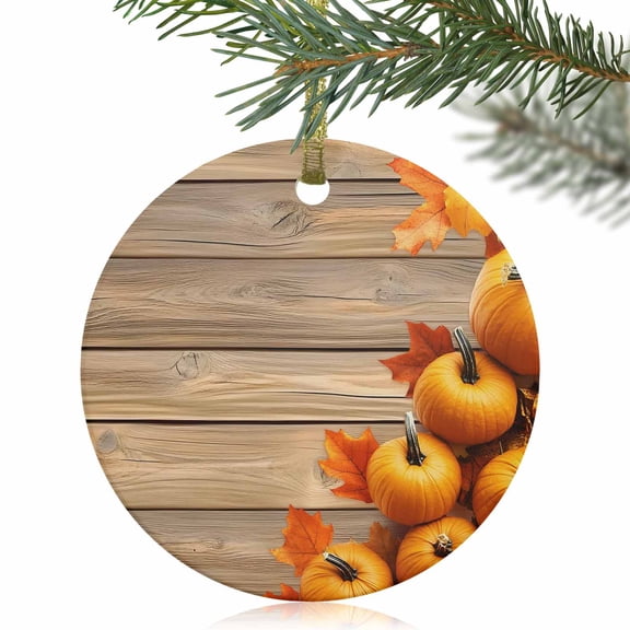 Fall Thanksgiving Farm Pumpkin Christmas Ceramic Ornament 2025,3" Round Xmas Tree Hanging Accessories with Gold Ribbon,Maple Leaf Brown Wood Grain Pendant Ornaments for Holiday Gift Home Party Decor
