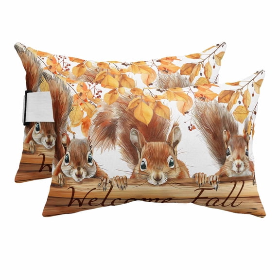 Fall Thanksgiving Farm Squirrel Outdoor Pillow for Chaise Lounge Chair,Head Resting Pillow with Insert, Botanical Leaves Wooden Plank Waterproof Lumbar Pillows for Patio,11"x16" 2 Pack