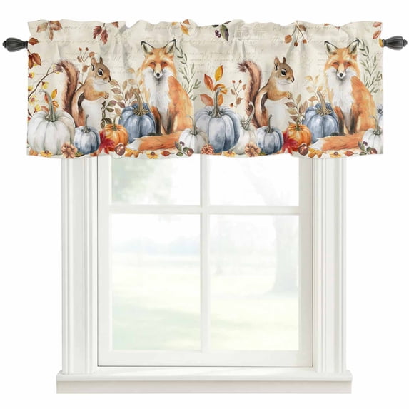 Fall Thanksgiving Farmhouse Short Window Curtain Valances, Vintage Squirrel Fox Pumpkin Leaves Rod Pocket Kitchen Valances for Living Room Bedroom Bathroom Cafe 42" x 12"