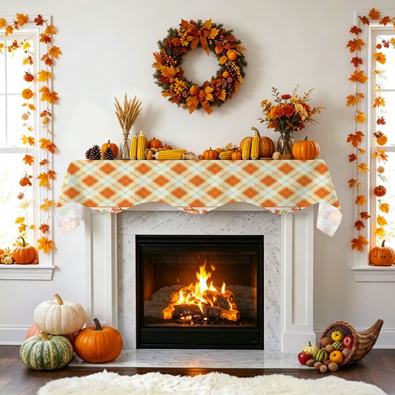 Fall Thanksgiving Fireplace Mantel Scarf, Rustic Orange Gingham Pattern Pumpkin Border Mantel Scarf Scarves Fireplace Top Runner Cover for Holiday Party Home Decorations 60x17in