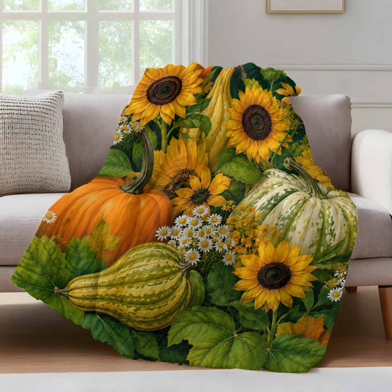 Fall Thanksgiving Fleece Throw Blanket for Couch, Autumn Harvest Pumpkin Sunflowers Microfiber Flannel Blanket for All Season, Lightweight Soft Throw Blankets for Women, Girls, Adults, 50"x80"