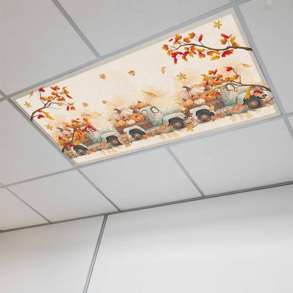 Fall Thanksgiving Fluorescent Light Covers, Autumn Pumpkin Truck Maple Leaf Rustic Magnetic Light Covers for Ceiling Lights, Fluorescent Ceiling Shade for Classroom Bedroom Office 4x2Ft x 1PCS