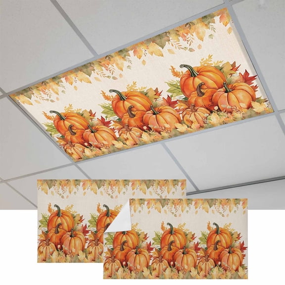 Fall Thanksgiving Fluorescent Light Covers, Rustic Orange Pumpkin Harvest Maple Leaf Magnetic Light Covers for Ceiling Lights, Fluorescent Ceiling Shade for Classroom Bedroom Office 4x2Ft x 2PCS