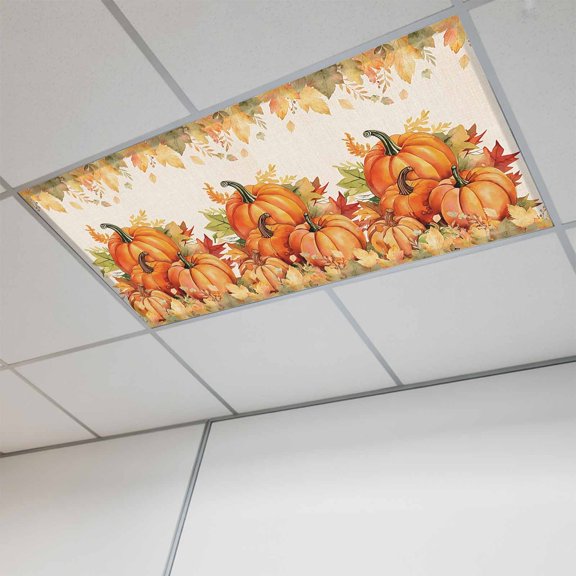 Fall Thanksgiving Fluorescent Light Covers, Rustic Orange Pumpkin Harvest Maple Leaf Magnetic Light Covers for Ceiling Lights, Fluorescent Ceiling Shade for Classroom Bedroom Office 4x2Ft x 1PCS