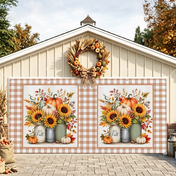 Fall Thanksgiving Garage Door Banner 6.9x8 Ft, Autumn Pumpkin Floral Botanical Plaid Tan Outdoor Garage Door Cover for Holiday Party, Hanging Banner Backdrop Decoration Wall Decor Flag