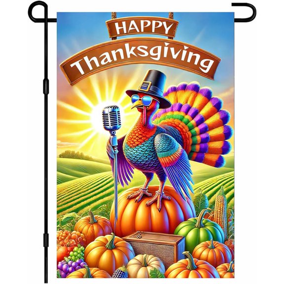 Fall Thanksgiving Garden Flag 12x18 Inch Double Sided Colorful Turkey Microphone On Pumpkin Sunrise Pumpkins Fall Yard Flag for outside Home Front Door Lawn Porch Patio Welcome Decor