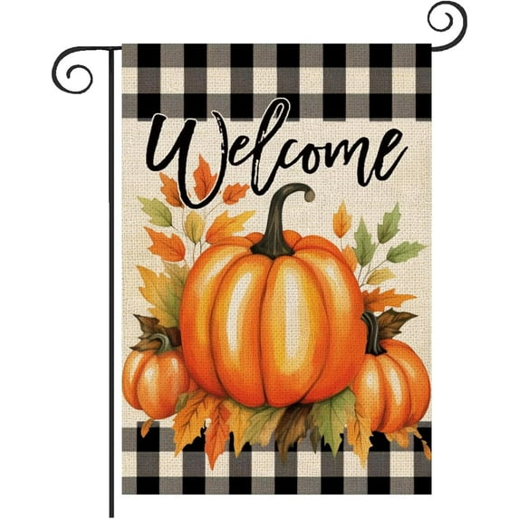 Fall Thanksgiving Garden Flag Pumpkin Harvest Buffalo Plaid, 12x18 Double Sided, Small Rustic Farmhouse Autumn Seasonal Burlap Yard Flag for Outside