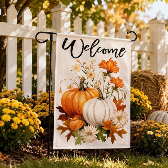Fall Thanksgiving Garden Flag with Pumpkin and Maple Leaf, 17.7 x 11.8 Inch Double Sided Burlap Yard Outdoor Decor, Seasonal Harvest Home Porch Decoration