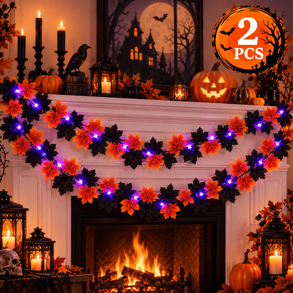 Halloween Garland with Lights, 2 Pack Black Maple Leaf Vines, 5.74 FT Each Artificial Halloween Garland for Mantel Fireplace Doorway Indoor Outdoor Decorations