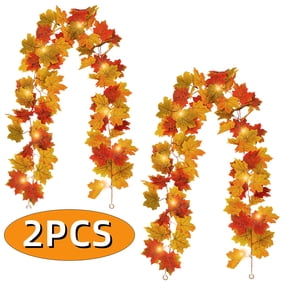 Fall Garland with String Lights 2PCS, Artificial Maple Leaf Pumpkin Sunflower Garland for Mantel Fireplace Doorway and Thanksgiving Autumn Home Decor