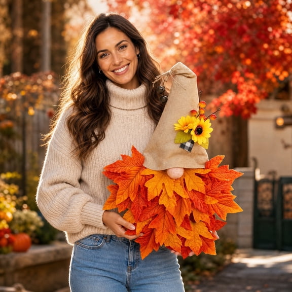 Fall Thanksgiving Gnome Wreath 20 Inches, Maple Leaf Sunflower Door Hanger With Bells, Festive Autumn Wreath for Front Door Wall Porch