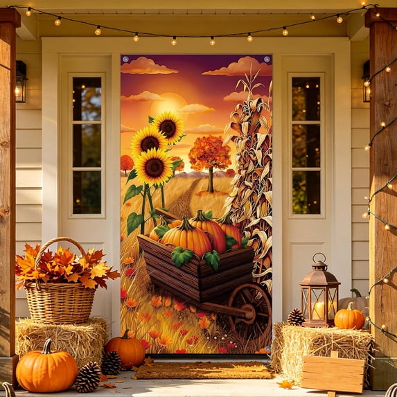 Fall Thanksgiving Halloween Door Curtain, 70.9 x 35.4 inches Polyester Door Cover for Party Garden Wall Decor Festive Backdrop