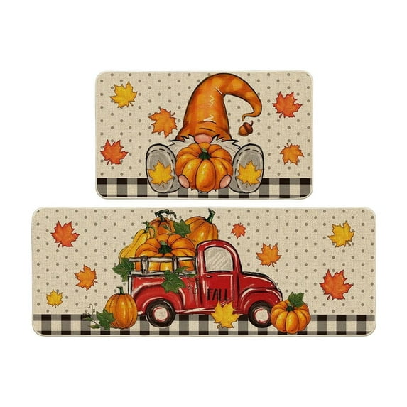 Fall Thanksgiving Halloween Kitchen Mats for Floor 2 Piece, Orange Pumkins Maple Leaves Non-Slip Kitchen Rugs Retro Washable Runner Rug Set ,15.7"x23.6"+15.7"x47.2"