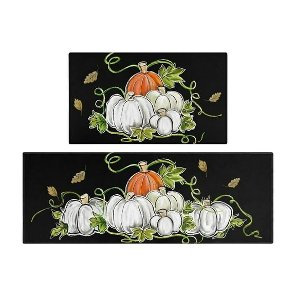 Fall Thanksgiving Halloween Kitchen Mats for Floor 2 Piece, Orange Pumkins Maple Leaves Non-Slip Kitchen Rugs Retro Washable Runner Rug Set ,15.7"x23.6"+15.7"x47.2"