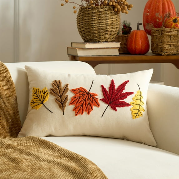 Fall Thanksgiving Halloween Pumpkin Pillowcase, Embroidered Maple Leaf Design, Perfect for Holiday Sofa Living Room Decoration