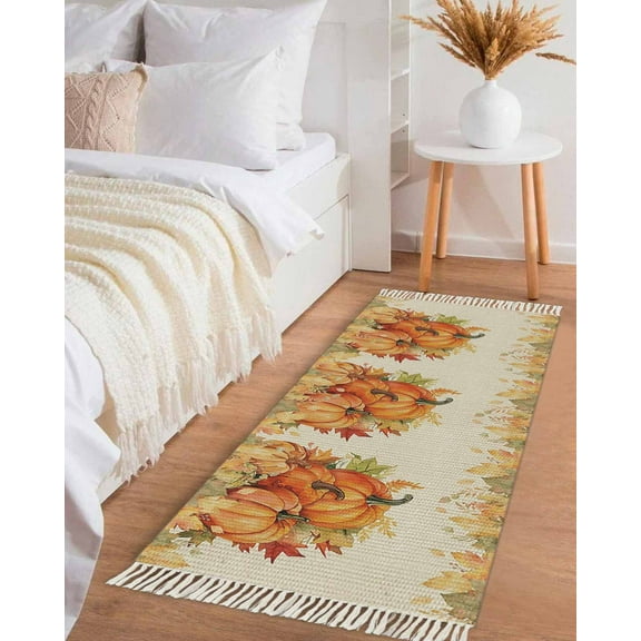 Fall Thanksgiving Hallway Runner Rug 2x6ft,Rustic Orange Pumpkin Harvest Maple Leaf Washable Woven Living Room Bedroom Kitchen Bathrom Carpet with Tassels,Indoor Outdoor Throw Door Mat for Entryway