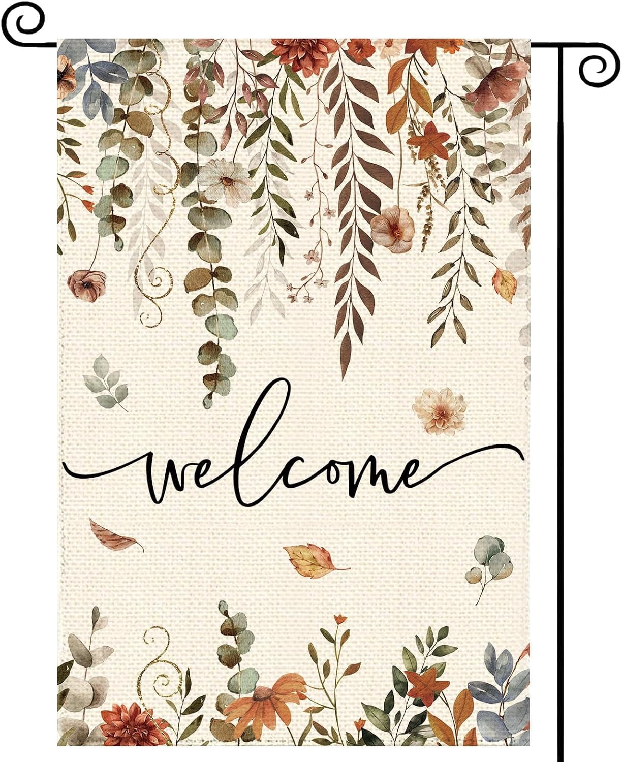 Fall Thanksgiving Harvest Eucalyptus Floral Welcome Garden Flag 12 x 18 Inch Double Sided, Autumn Flower Burlap Small Yard Flag Farmhouse Seasonal Holiday Patio Outdoor Outside Decoration