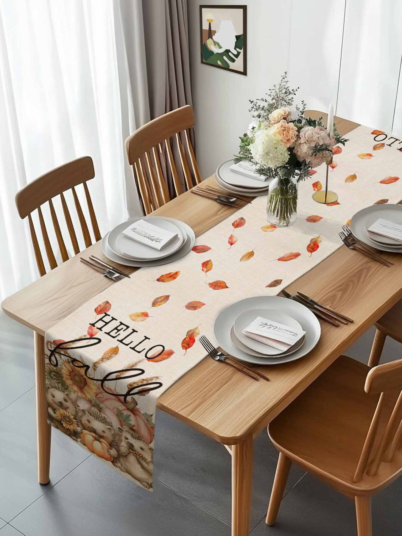 Fall Thanksgiving Hedgehog Pumpkin Table Runner 90 Inches Long, Sunflower Leaves on Flax Table Runners Tabletop Scarf Kitchen Dining Tables Decoration for Home Party Indoor Outdoor