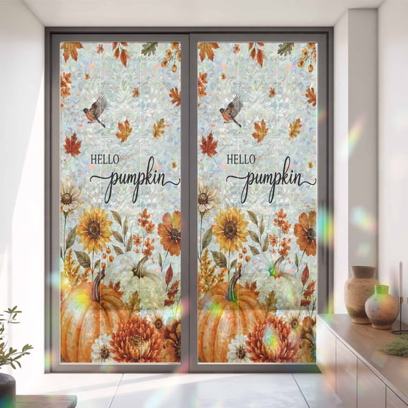 Fall Thanksgiving Hello Pumpkin Window Privacy Film,Decorative Windows Static Cling Rustic Floral Plant Bird Heat Control Removable Glass Sticker for Home Bathroom Bedroom Window Door,35.4x78.7in