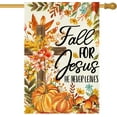 thumbnail image 1 of Fall Thanksgiving Jesus House Flag 28 x 40 Inch Double Sided Jesus He Never Leaves Harvest Pumpkins Autumn for Burlap Large Flag Holiday Seasonal Outside Yard Outdoor Decoration, 1 of 6