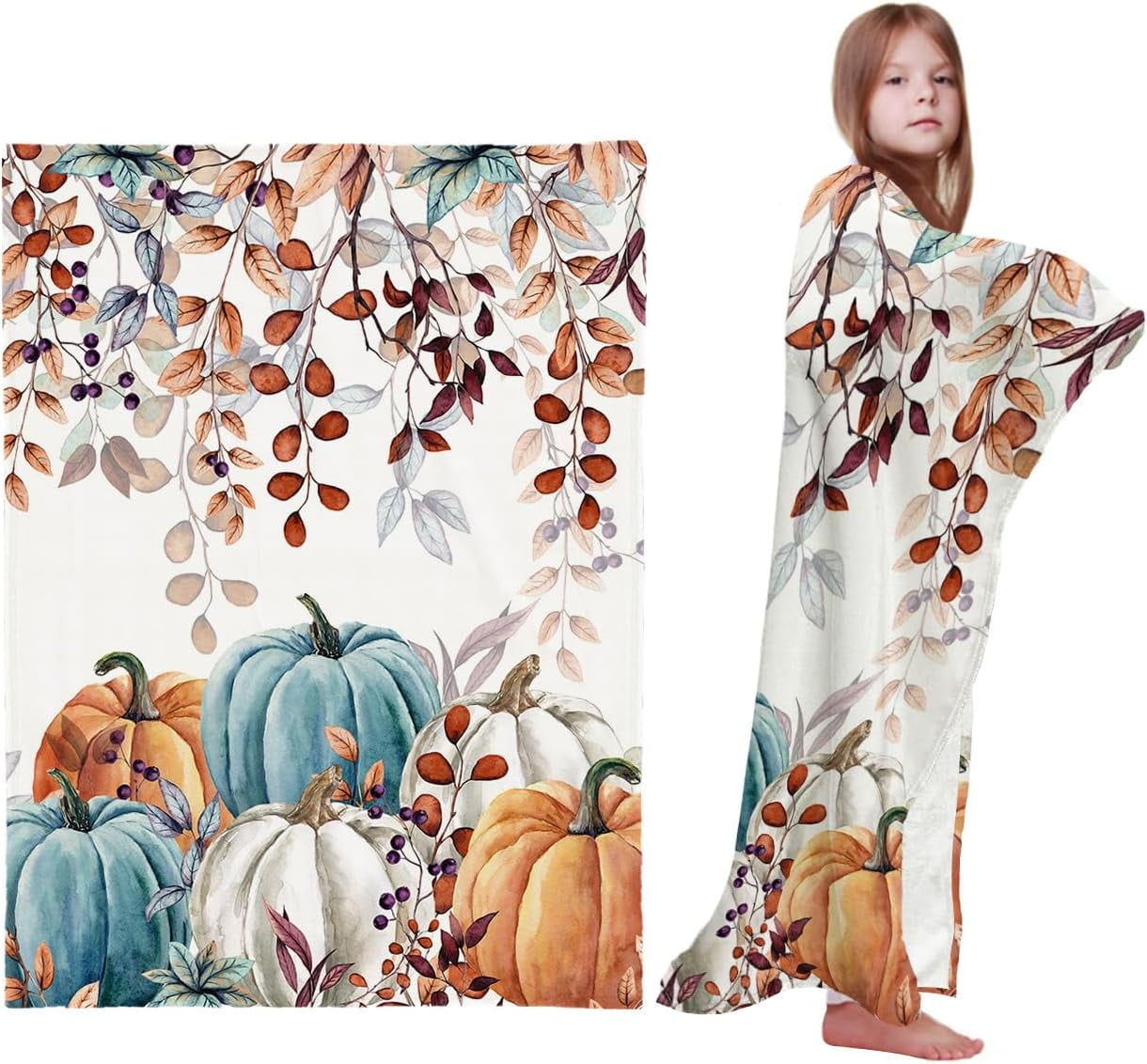 Fall Thanksgiving Kids Throw Blankets, Watercolor Autumn Pumpkins ...