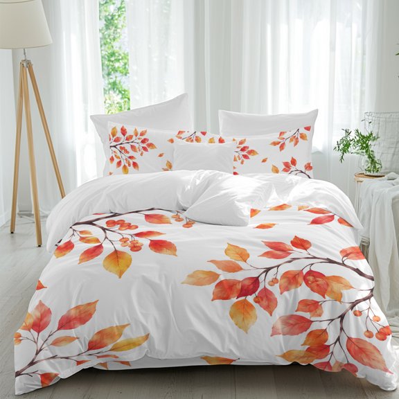 Fall Thanksgiving King Duvet Cover Set, Rustic Orange Rowan Leaf Berry Tree Branch 4 Piece Microfiber Bedding Set with Zipper Closure, Bed Sheet and 2 Pillow Shams, Soft Bedding Cover