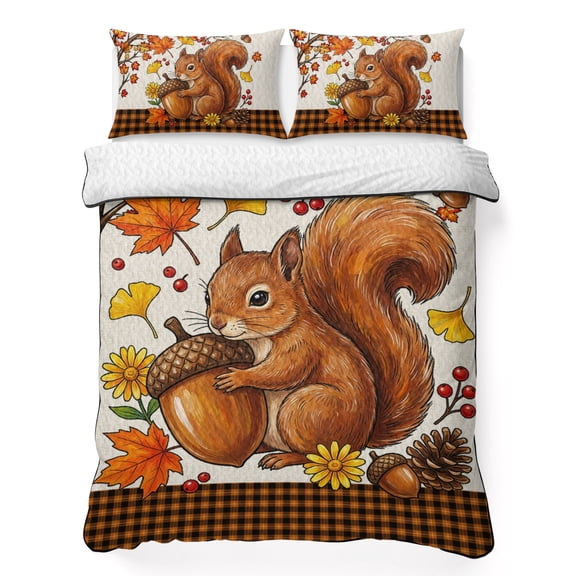 Fall Thanksgiving King Quilt Bedding Set, Rustic Squirrel Acorn Orange Gingham Base Lightweight Comforter with 2 Pillow Shams Bedroom Bedspread Set Home Decor for All Seasons