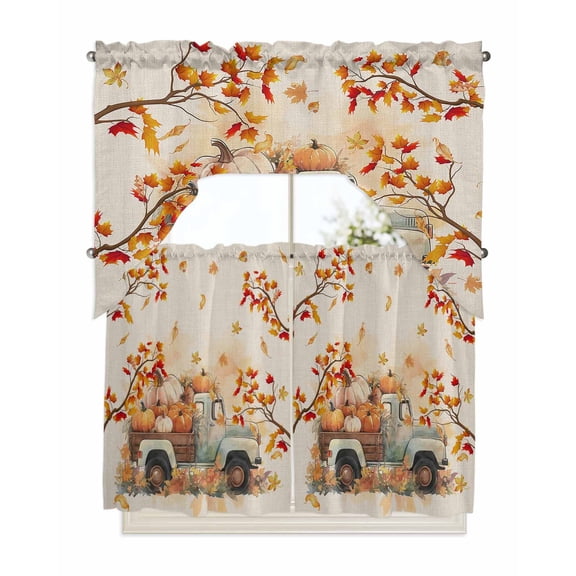 Fall Thanksgiving Kitchen Curtain and Valance Set 3 Pieces,Rod Pocket Short Tier Curtains 36 Inch Length,Autumn Pumpkin Truck Maple Leaf Rustic Swag Topper Small Window Treatment for Cafe Bathroom
