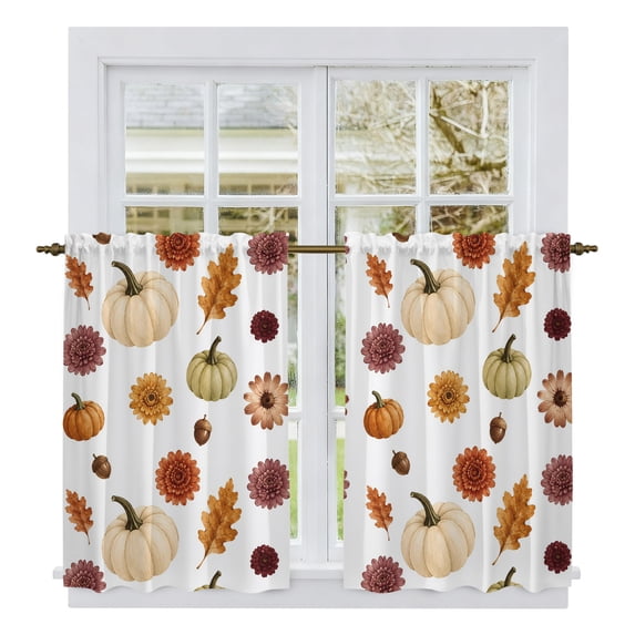 Fall Thanksgiving Kitchen Curtains 54 Inch Length, Autumn Pumpkin Leaves Floral Botanical Tiers Curtains for Bathroom Bedroom Cafe, Light Filtering Small Window Treatment Drapes 2 Panels 42"Wx54"L