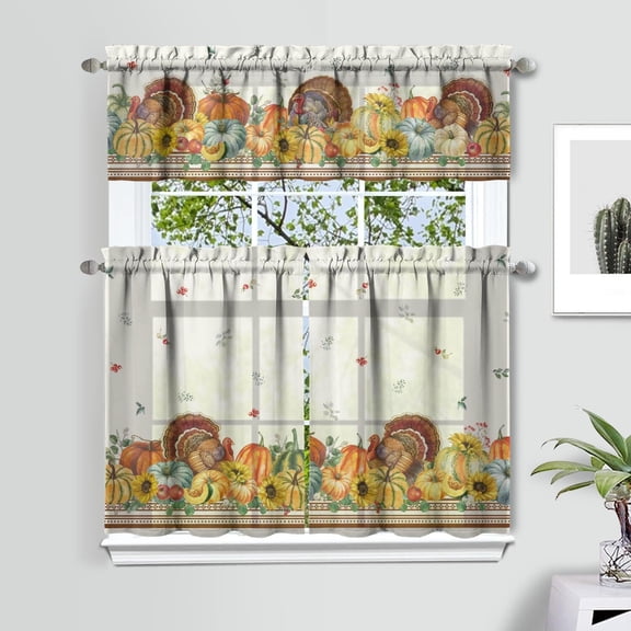 Fall Thanksgiving Kitchen Curtains Set of 3, Pumpkin Turkey Sunflower Harvest Fall Decor,Autumn Curtains and Valances for Living Room Bedroom Kitchen Cafe Thanksgiving Decor 36In
