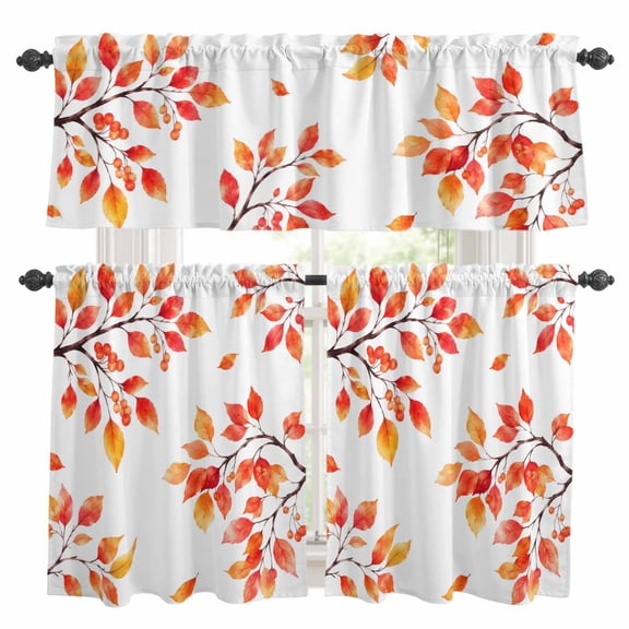 Fall Thanksgiving Kitchen Curtains Valance and Tier Set Rustic Orange Rowan Leaf Berry Tree Branch Rod Pocket Short Curtains for Small Window 3 Pieces Set for Bedroom Cafe (54" x 18"+27" x 36")
