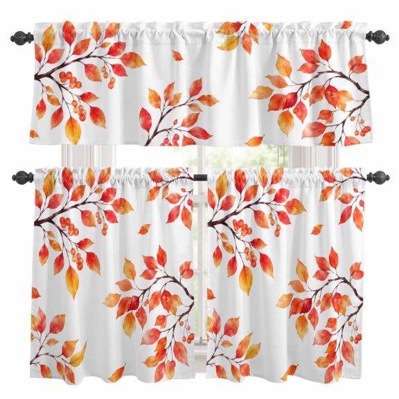 Fall Thanksgiving Kitchen Curtains Valances 3 Piece Set, Rustic Orange Rowan Leaf Berry Tree Branch Rod Pocket Tier Curtain and Valance Drapes for Small Window 24 Inch Length for Bedroom Cafe