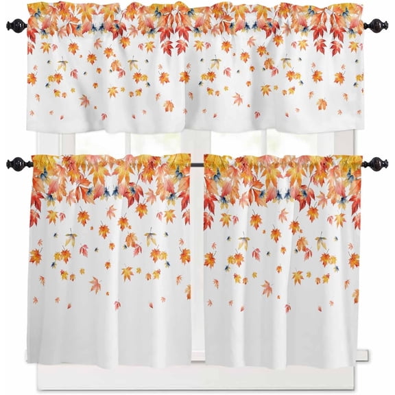 Fall Thanksgiving Kitchen Curtains and Valances Set, Rod Pocket Curtains Tier Farmhouse Window Curtains 24 Inch Length, Orange Maple Leaves Minimalism 3 Piece Kitchen Curtains Set