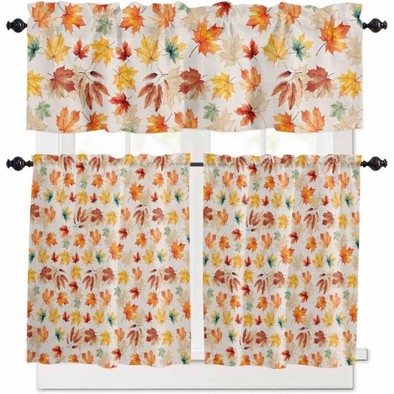 Fall Thanksgiving Kitchen Curtains and Valances Set, Rod Pocket Curtains Tier Farmhouse Window Curtains 36 Inch Length, Orange Maple Leaves Vintage Rustic 3 Piece Kitchen Curtains Set