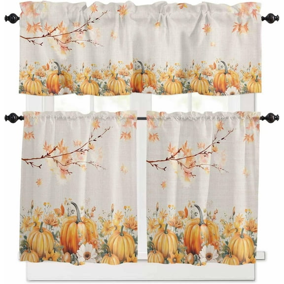 Fall Thanksgiving Kitchen Curtains and Valances Set, Rod Pocket Curtains Tier Farmhouse Window Curtains 36 Inch Length, Orange Pumpkin Maple Leaves Flowers 3 Piece Kitchen Curtains Set