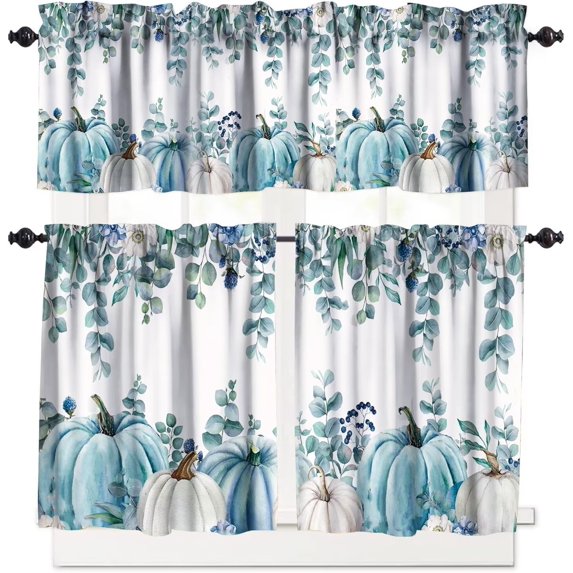 Fall Thanksgiving Kitchen Curtains Valances Set, Watercolor Autumn Blue Pumpkins Leaves Decor Kitchen Window Curtains Tier and Valance Curtain Set for Bedroom Living Room 54x18 & 27x36x2, 3 Panel