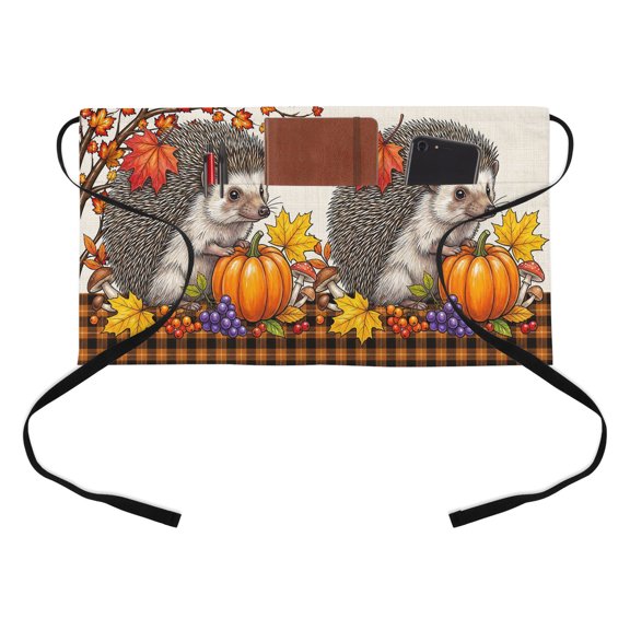 Fall Thanksgiving Kitchen Restaurant Half Waist Apron, Rustic Hedgehog Orange Pumpkin Gingham Base Server Short Apron with 3 Pockets Waterproof Oil Waist Aprons for Women Waitress Waiter
