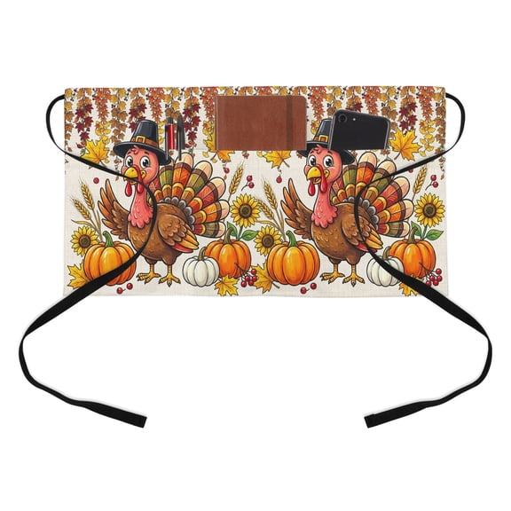 Fall Thanksgiving Kitchen Restaurant Half Waist Apron, Rustic Turkey Orange Pumpkin Maple Leaves Server Short Apron with 3 Pockets Waterproof Oil Waist Aprons for Women Waitress Waiter