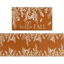 Fall Thanksgiving Kitchen Rugs Set of 2,Eucalyptus Orange Hello Fall Leaves Farmhouse Floor Mats and Rugs Non Skid Washable for Kitchen Home Decor (17"x47" 17"x30")