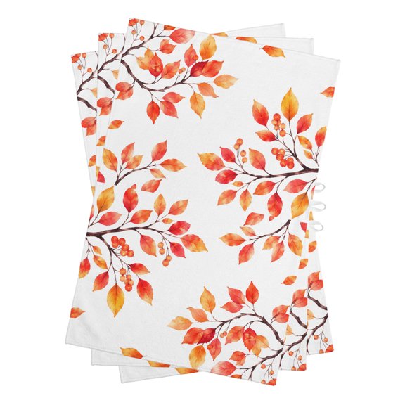 Fall Thanksgiving Kitchen Towels Dish Towel Pack of 3 Rustic Orange Rowan Leaf Berry Tree Branch Soft Dish Cloth Set Absorbent Dishcloth for Drying Dishes, Hand Towels 18 x 28 Inches